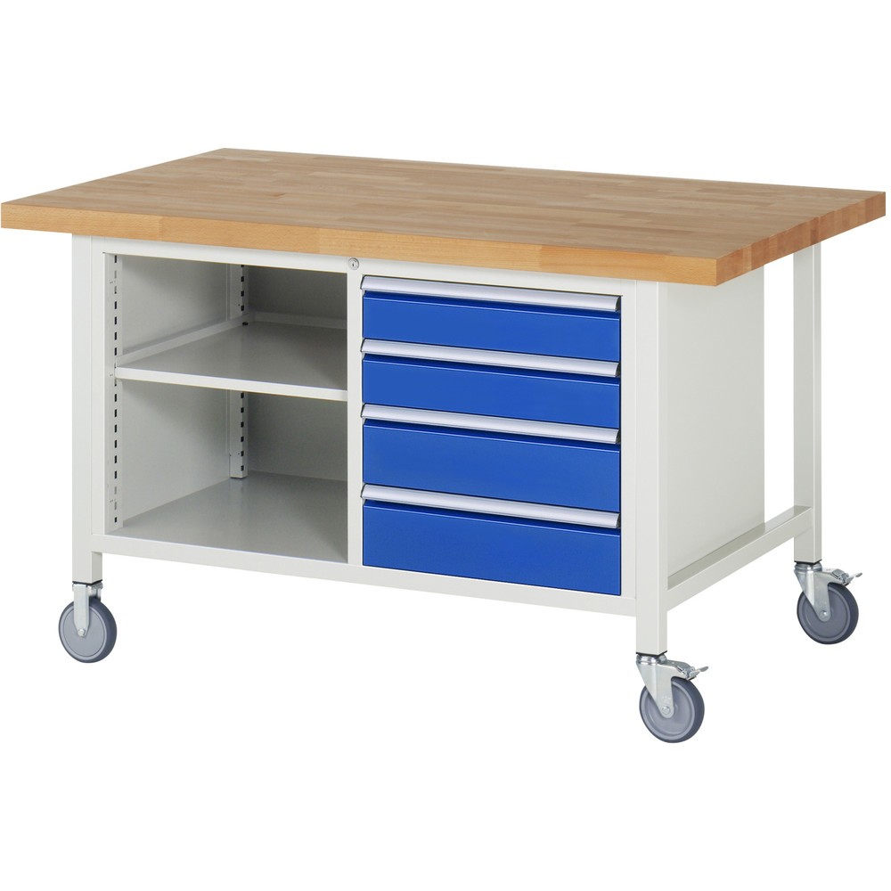 Mobiele werkbank RAU serie 8000, 1 dubbele kast, 1 legbord, hxbxd 880-1.080 x 1.500 x 900 mm, 4 x voor 90% uittrekbare lades Product afbeelding: Mobiele werkbank RAU serie 8000, 1 dubbele kast, 1 legbord, hxbxd 880-1.080 x 1.500 x 900 mm, 4 x voor 90% uittrekbare lades