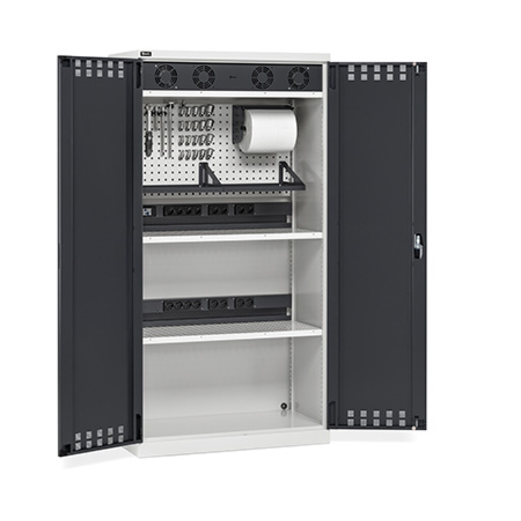 Acculaadkast Fami PERFOM, 2 geperforeerde legborden, energiekanalen, contactdooslijsten, ventilatierooster, hxbxd 2.000 x 1.023 x 726 mm, lichtgrijs, antraciet Product afbeelding: Acculaadkast Fami PERFOM, 2 geperforeerde legborden, energiekanalen, contactdooslijsten, ventilatierooster, hxbxd 2.000 x 1.023 x 726 mm, lichtgrijs, antraciet