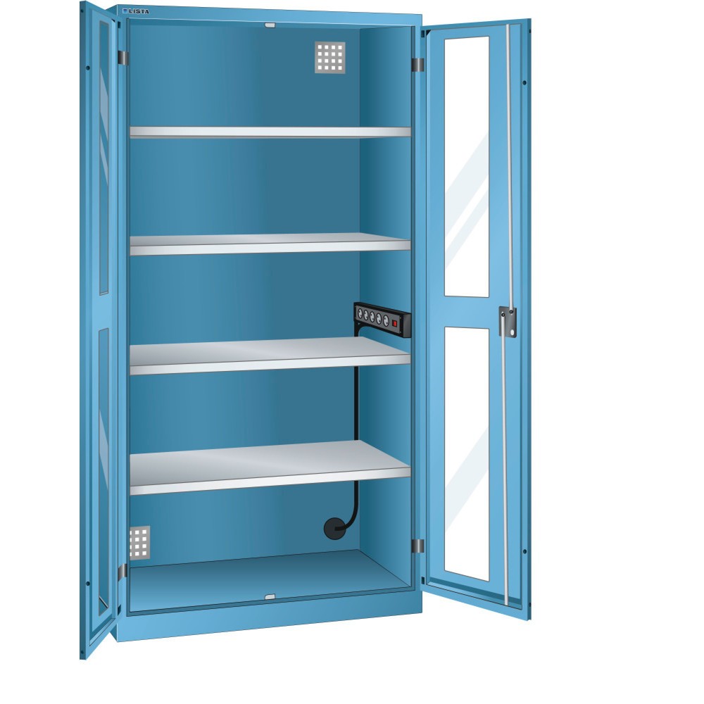 Product afbeelding: Acculaadkast LISTA, (bxdxh) 1000x580x1950 mm, 1 contactdozenlijst zijwand, kijkvenster, lichtblauw