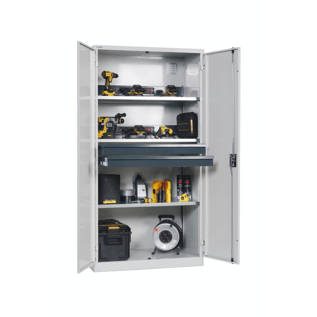 Product afbeelding: Acculaadkast LISTA, (bxdxh) 1000x580x1950 mm, 2 contactdozenlijsten achterwand, 2 lades, lichtgrijs