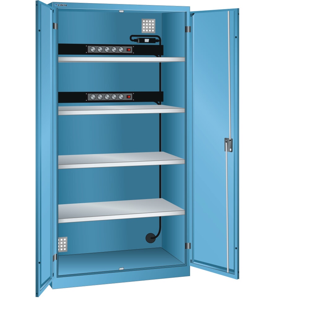 Acculaadkast LISTA, (bxdxh) 1000x580x1950 mm, 2 contactdozenlijsten achterwand, FI/LS, lichtblauw Product afbeelding: Acculaadkast LISTA, (bxdxh) 1000x580x1950 mm, 2 contactdozenlijsten achterwand, FI/LS, lichtblauw