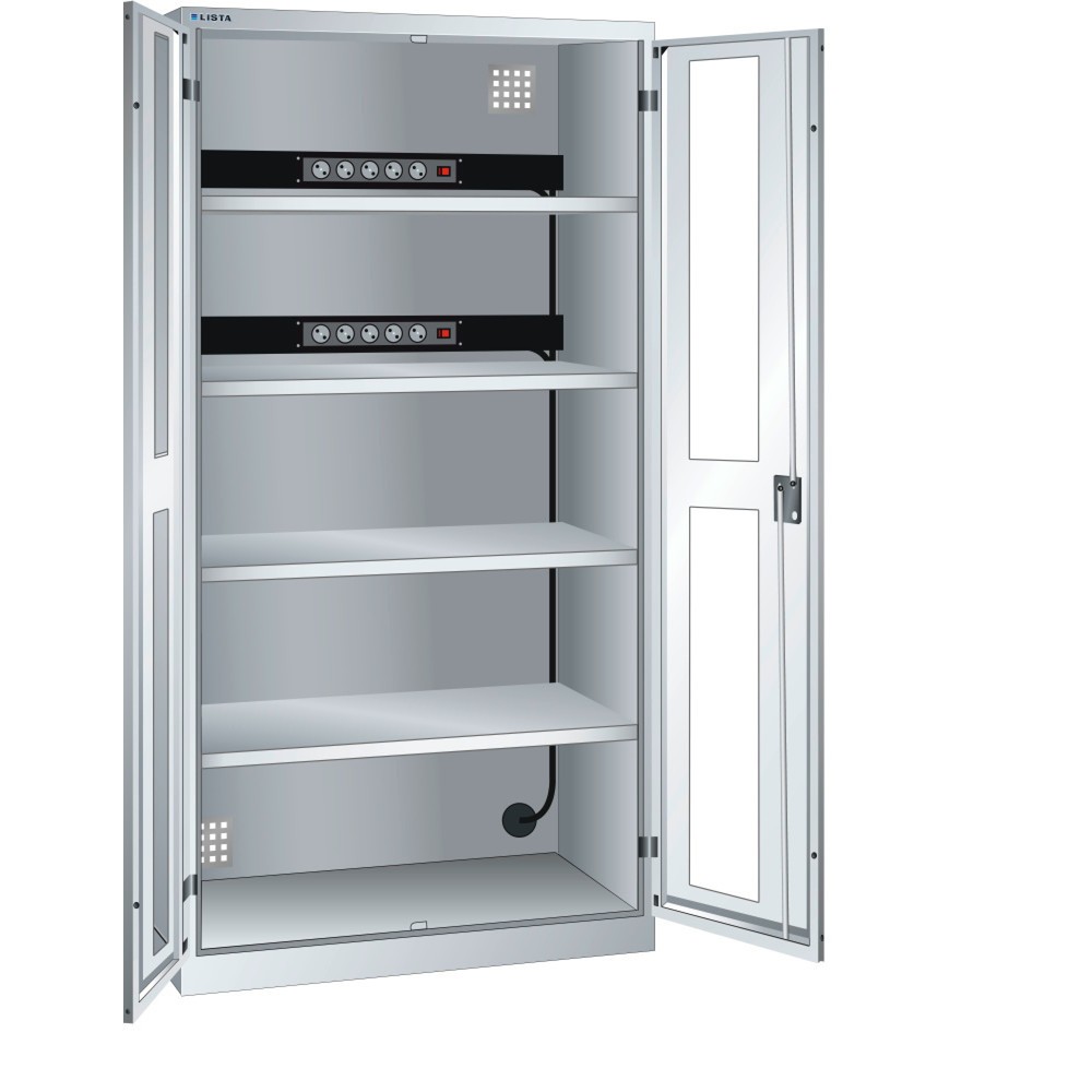 Product afbeelding: Acculaadkast LISTA, (bxdxh) 1000x580x1950 mm, 2 contactdozenlijsten achterwand, kijkvenster, lichtgrijs