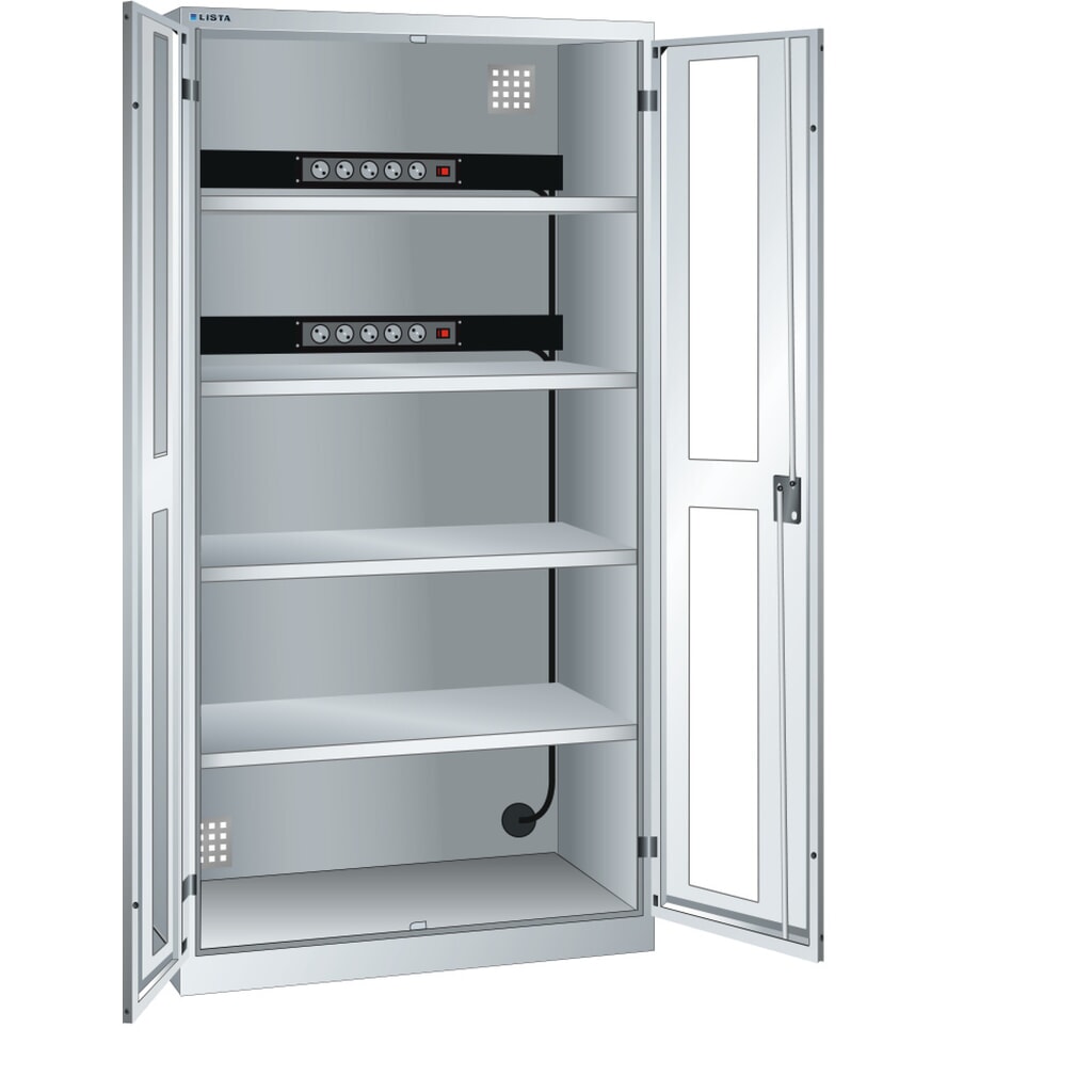 Acculaadkast LISTA, (bxdxh) 1000x580x1950 mm, 2 contactdozenlijsten achterwand, kijkvenster, lichtgrijs Product afbeelding: Acculaadkast LISTA, (bxdxh) 1000x580x1950 mm, 2 contactdozenlijsten achterwand, kijkvenster, lichtgrijs