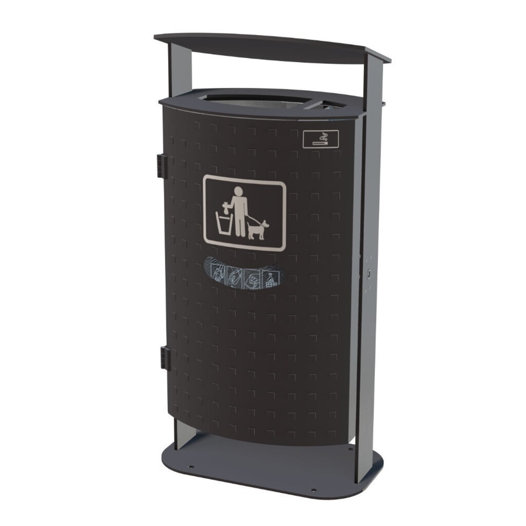 Afvalbak RENNER met schuine kap en asbak type 7092, 70 liter, noppenplaat design, geïntegreerde zakjesdispenser, antracietgrijs Product afbeelding: Afvalbak RENNER met schuine kap en asbak type 7092, 70 liter, noppenplaat design, geïntegreerde zakjesdispenser, antracietgrijs