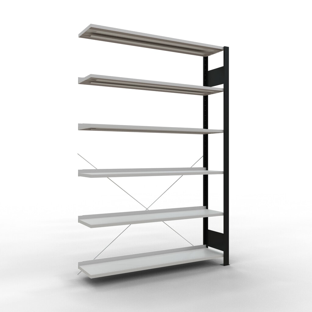 Archiefrekken SCHULTE AV, eenzijdig, met eindaanslagen, VL 85 kg, zwart, hxbxd 2.000 x 1.300 x 300 mm Product afbeelding: Archiefrekken SCHULTE AV, eenzijdig, met eindaanslagen, VL 85 kg, zwart, hxbxd 2.000 x 1.300 x 300 mm