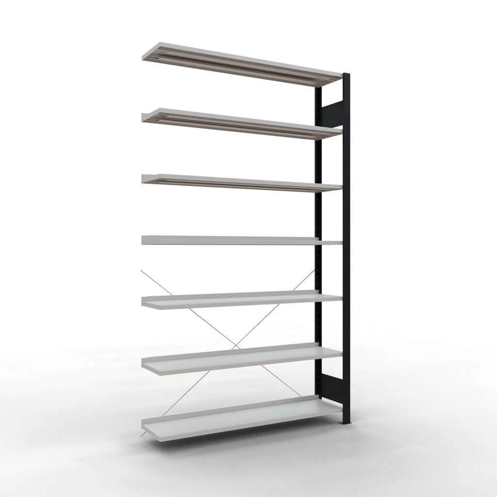 Archiefrekken SCHULTE AV, eenzijdig, met eindaanslagen, VL 85 kg, zwart, hxbxd 2.300 x 1.300 x 300 mm Product afbeelding: Archiefrekken SCHULTE AV, eenzijdig, met eindaanslagen, VL 85 kg, zwart, hxbxd 2.300 x 1.300 x 300 mm
