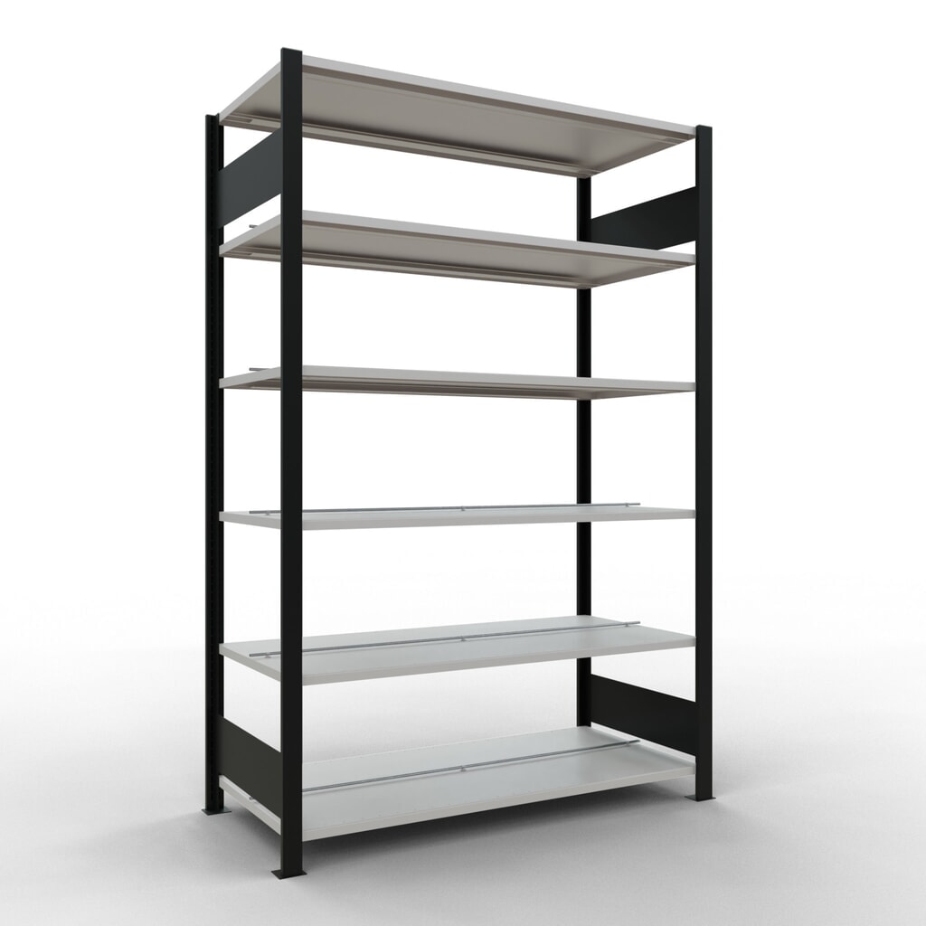 Archiefrekken SCHULTE BV, dubbelzijdig, met middenaanslagen, VL 150 kg, zwart, hxbxd 2.000 x 1.300 x 600 mm Product afbeelding: Archiefrekken SCHULTE BV, dubbelzijdig, met middenaanslagen, VL 150 kg, zwart, hxbxd 2.000 x 1.300 x 600 mm