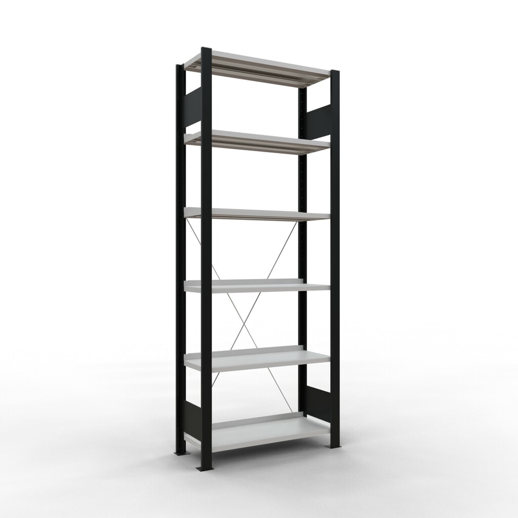 Product afbeelding: Archiefrekken SCHULTE BV, eenzijdig, met eindaanslagen, VL 85 kg, zwart, hxbxd 2.000 x 750 x 300 mm