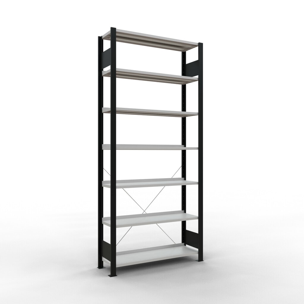 Archiefrekken SCHULTE BV, eenzijdig, met eindaanslagen, VL 85 kg, zwart, hxbxd 2.300 x 1.000 x 300 mm Product afbeelding: Archiefrekken SCHULTE BV, eenzijdig, met eindaanslagen, VL 85 kg, zwart, hxbxd 2.300 x 1.000 x 300 mm