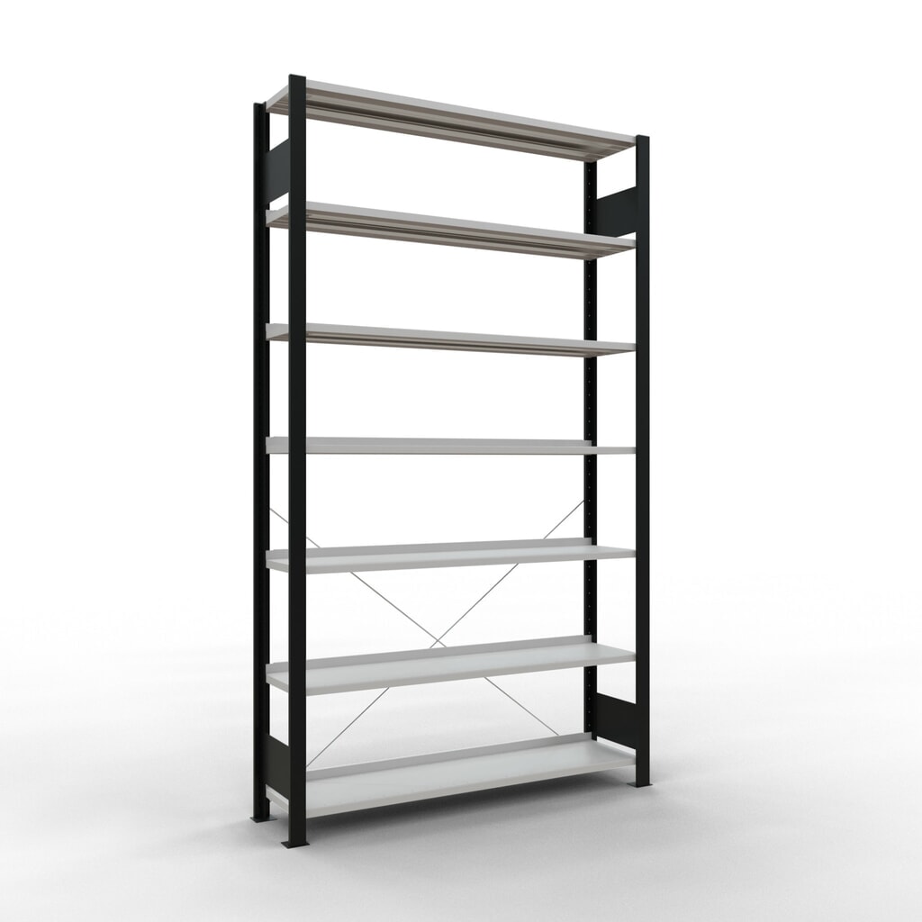 Archiefrekken SCHULTE BV, eenzijdig, met eindaanslagen, VL 85 kg, zwart, hxbxd 2.300 x 1.300 x 300 mm Product afbeelding: Archiefrekken SCHULTE BV, eenzijdig, met eindaanslagen, VL 85 kg, zwart, hxbxd 2.300 x 1.300 x 300 mm