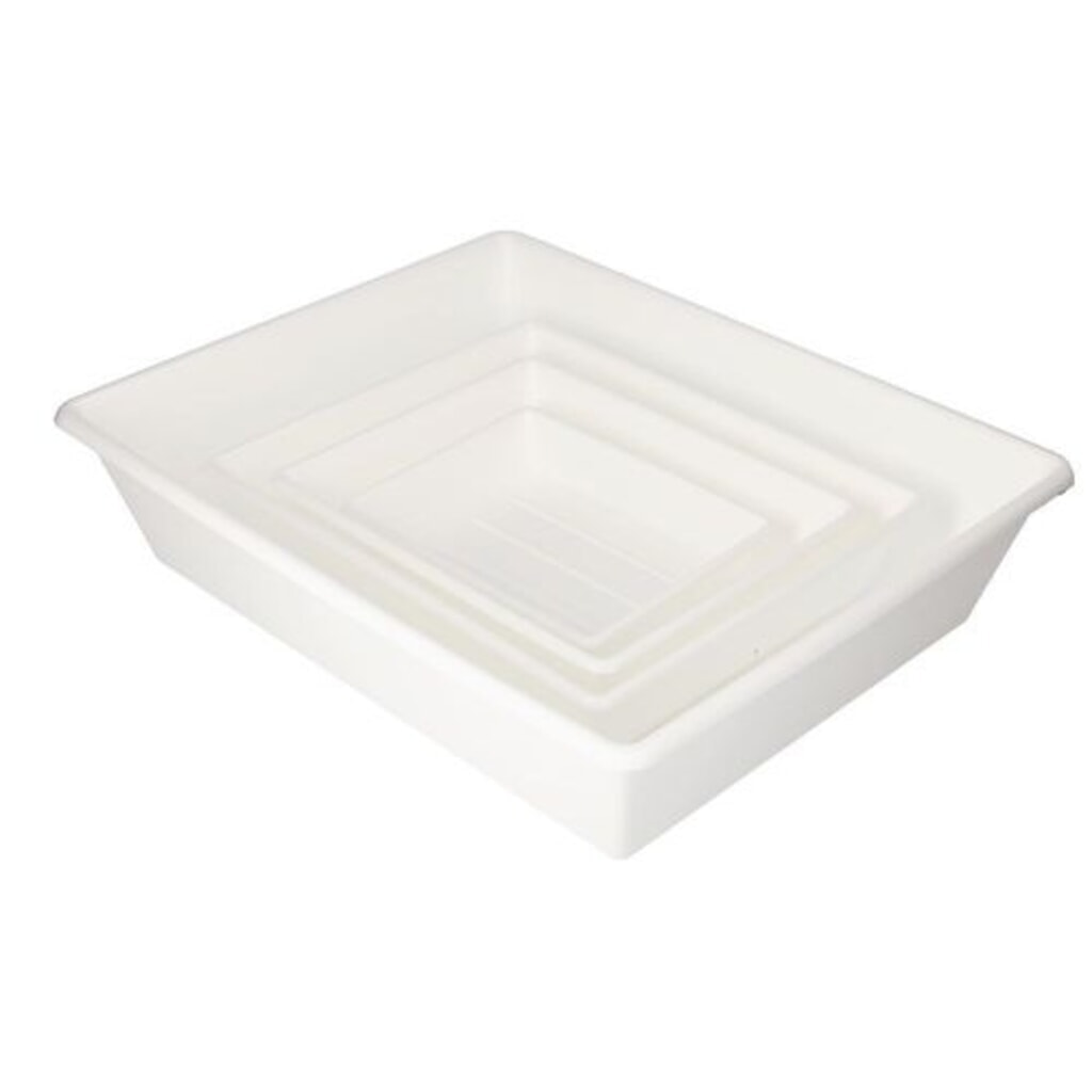 Product afbeelding: Denios laboratoriumschalenset, met één schaal van elk 1, 3, 5 en 15 liter.