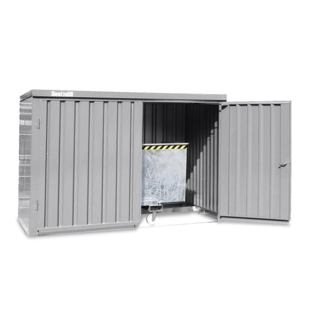 Product afbeelding: FLADAFI® materiaalcontainer, verzinkt, gedemonteerd, 4 m², zonder vloer, hxbxd 2.115 x 2.100 x 2.170 mm, dubbele draaideur (asymmetrische verdeling), gecentreerd in de brede zijde