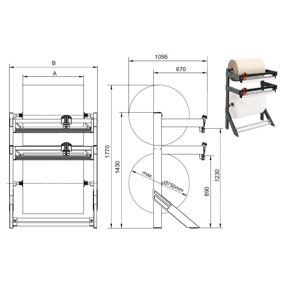 Productafbeelding nr. 4: Rocholz dubbele snijstandaard, voor hoge belastingen, rolgewicht max. 150 kg, snijbreedte 750 mm