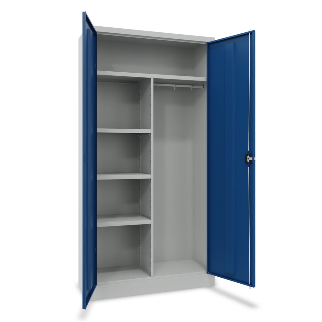 Product afbeelding: PAVOY draaideurkast met hoedenplank, scheidingswand, gepoedercoate legborden en kledingstang, hxbxd 1.950 x 1.000 x 400 mm, lichtgrijs/gentiaanblauw