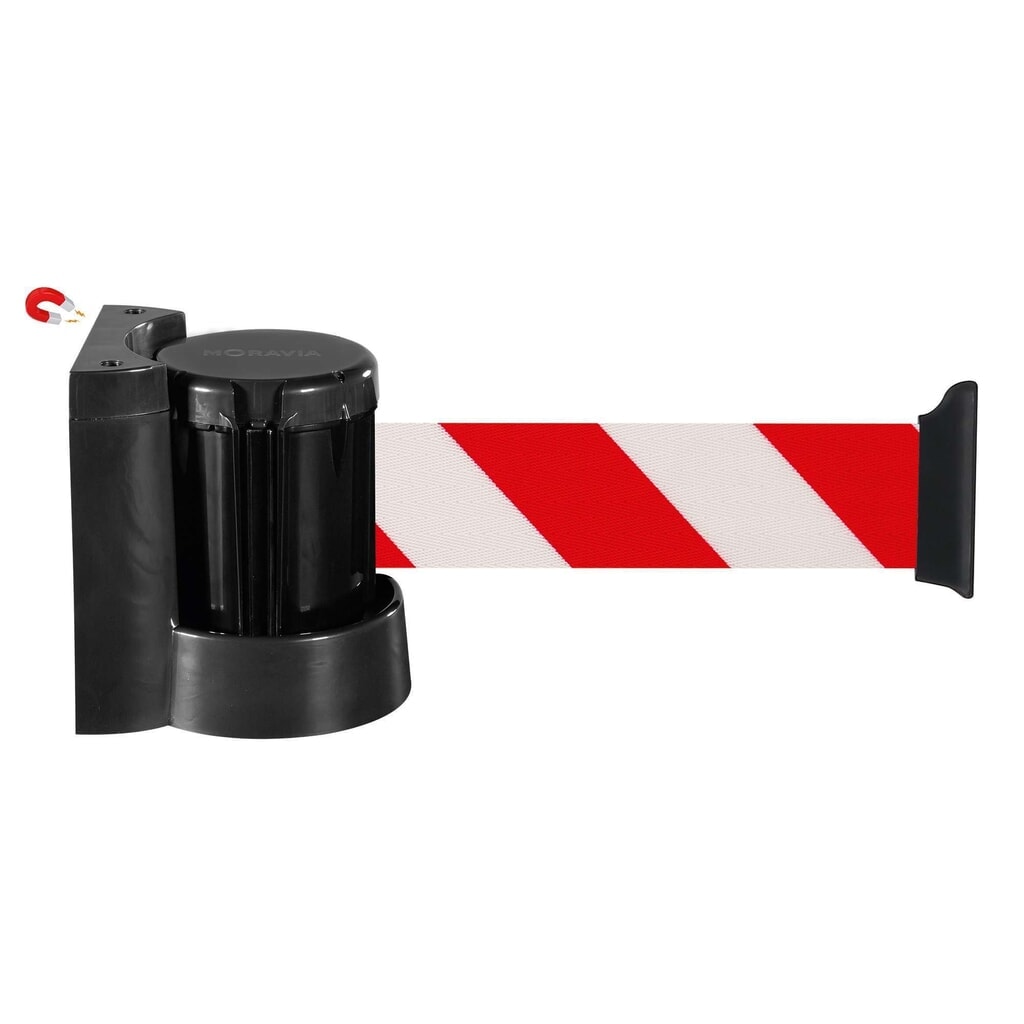 Wandafzetband, zelfspannend, met centrifugaalrem, lengte 4 m, rood/wit diagonaal gestreept Product afbeelding: Wandafzetband, zelfspannend, met centrifugaalrem, lengte 4 m, rood/wit diagonaal gestreept
