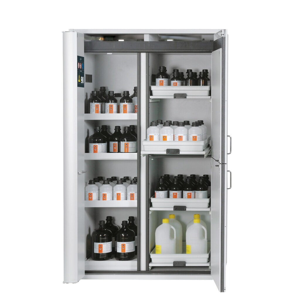 Product afbeelding: asecos® K-PHOENIX-90 Combinatiekast HxBxD 1.969 x 1.197 x 617 mm staalplaat: 3x plank ves, 1x geperforeerde plaatplaat, 1x vloerlade, 4x lade met PP-lade