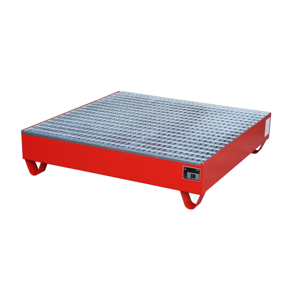 Product afbeelding: Bauer® lekbak van staal, vrije ruimte 100 mm, hxbxd 285 x 1.200 x 1.200 mm, incl. rooster, 4x 200 l, vuurrood