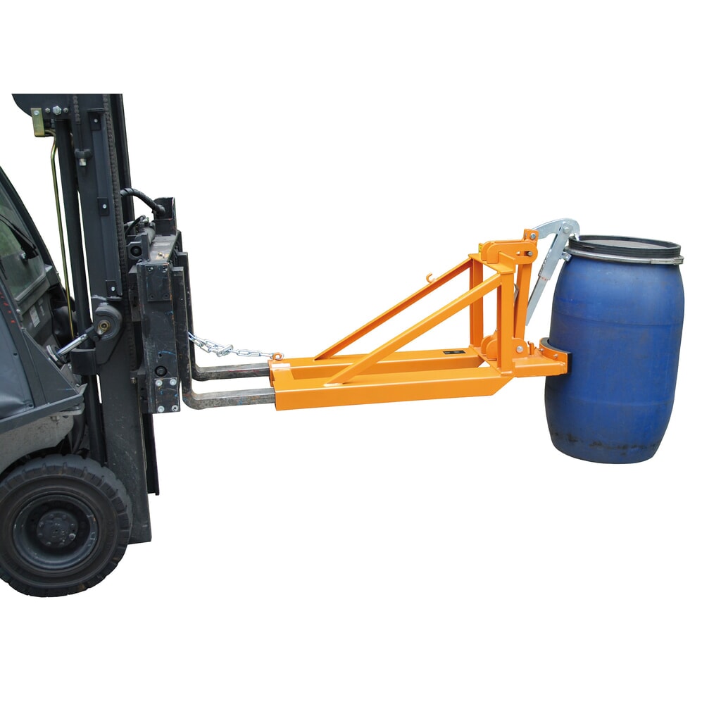 Bauer® vatgrijper, vaten met kunststof deksel, heftruckaanbouw, draagvermogen 800 kg, RAL 2000 geeloranje Product afbeelding: Bauer® vatgrijper, vaten met kunststof deksel, heftruckaanbouw, draagvermogen 800 kg, RAL 2000 geeloranje