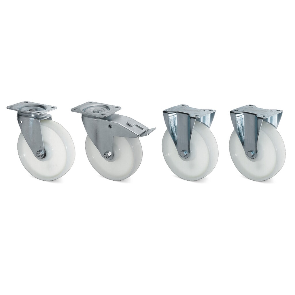 Set Bauer® polyamide zwenk- en bokwielen, diameter 180 mm, draagvermogen 450 kg per wiel Product afbeelding: Set Bauer® polyamide zwenk- en bokwielen, diameter 180 mm, draagvermogen 450 kg per wiel