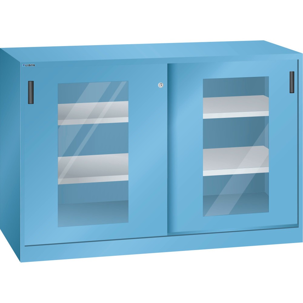 Product afbeelding: Bijzetkast LISTA met schuifdeuren, (bxh) 1500x1000 mm, 4 verstelbare legborden, kijkvenster, diepte 400 mm, lichtblauw