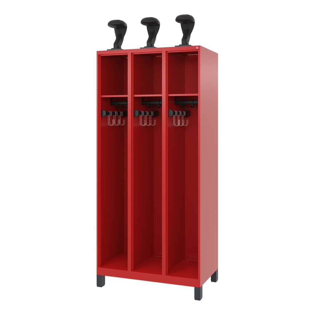 C+P brandweerkast EXPERT, voeten, 3 compartimenten, hxbxd 1.850 x 900 x 500 mm, vuurrood, met helmhouder Product afbeelding: C+P brandweerkast EXPERT, voeten, 3 compartimenten, hxbxd 1.850 x 900 x 500 mm, vuurrood, met helmhouder