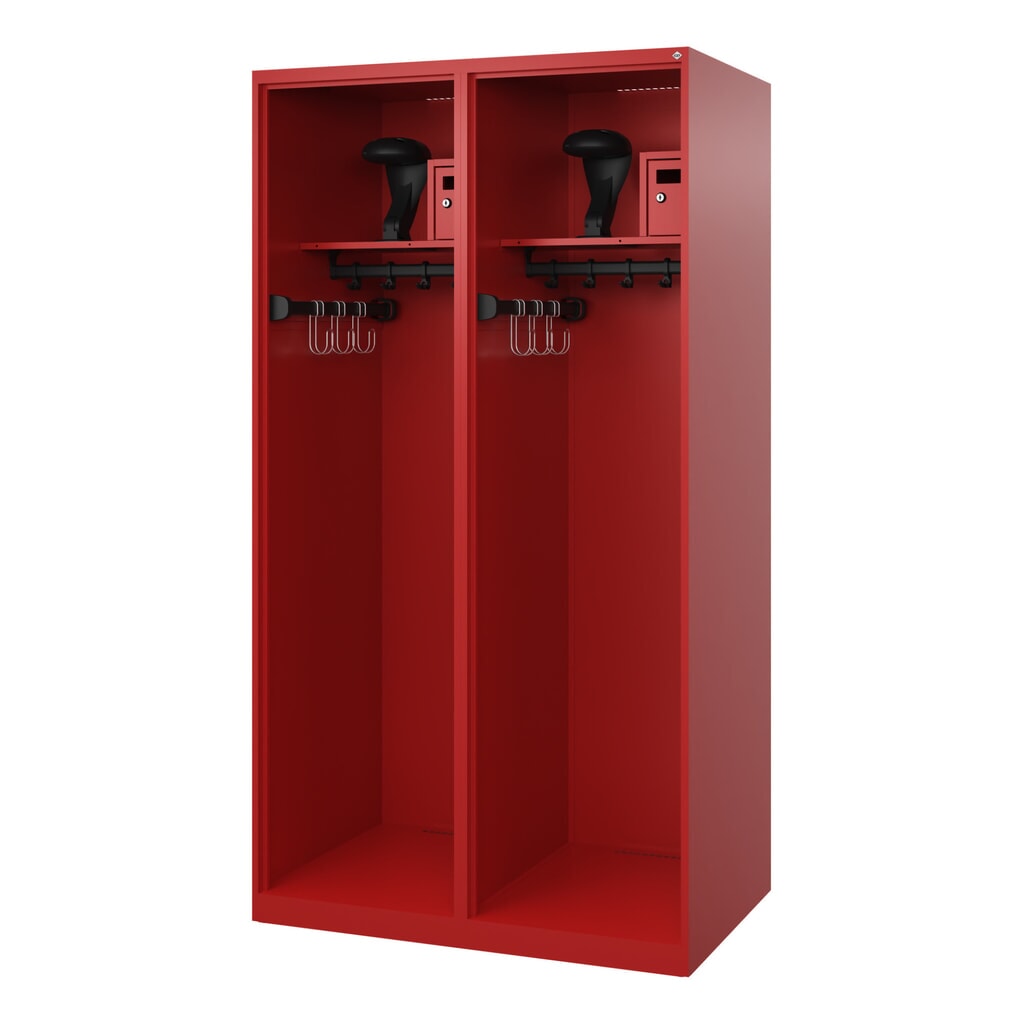 Product afbeelding: C+P brandweerkast FLEXO, vloerglijders, 2 compartimenten, hxbxd 1.850 x 1.000 x 600 mm, vuurrood, met helmhouder