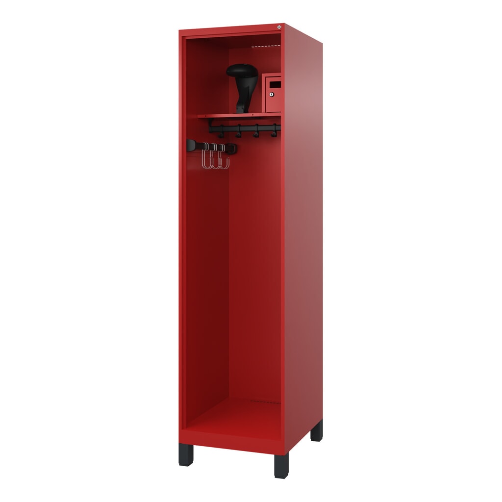 C+P brandweerkast FLEXO, voeten, 1 compartiment, hxbxd 1.850 x 500 x 600 mm, vuurrood, met helmhouder Product afbeelding: C+P brandweerkast FLEXO, voeten, 1 compartiment, hxbxd 1.850 x 500 x 600 mm, vuurrood, met helmhouder