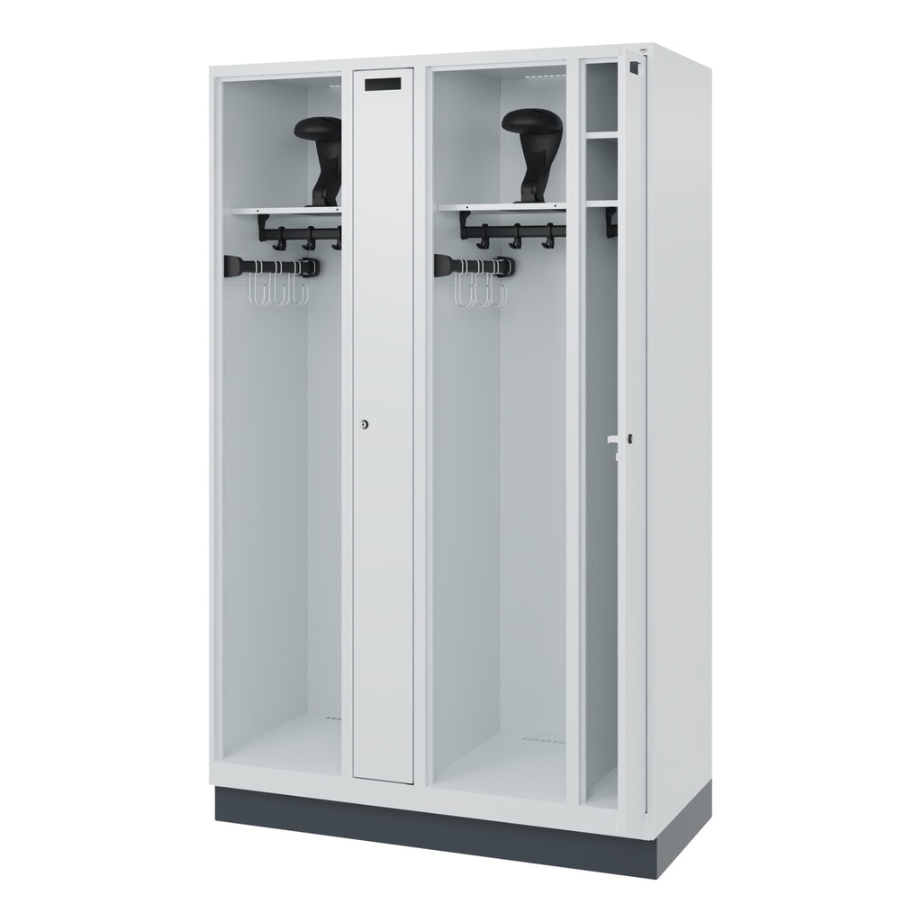 Product afbeelding: C+P brandweerkast KOMBI, sokkel, 2 compartimenten, hxbxd 1.850 x 1.200 x 500 mm, lichtgrijs, met helmhouder