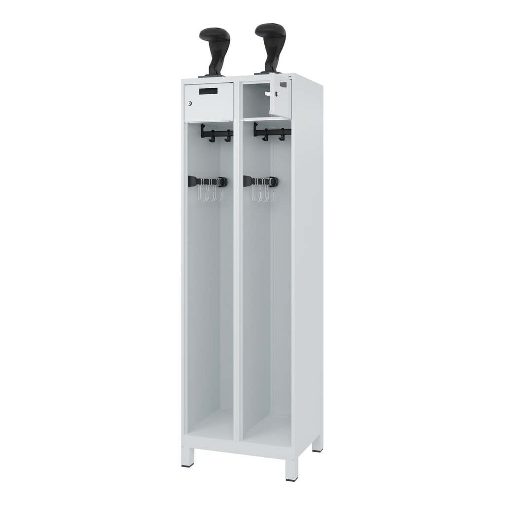 C+P brandweerkast PRAKTUS, voeten, 2 compartimenten, hxbxd 1.850 x 600 x 500 mm, lichtgrijs, met helmhouder Product afbeelding: C+P brandweerkast PRAKTUS, voeten, 2 compartimenten, hxbxd 1.850 x 600 x 500 mm, lichtgrijs, met helmhouder