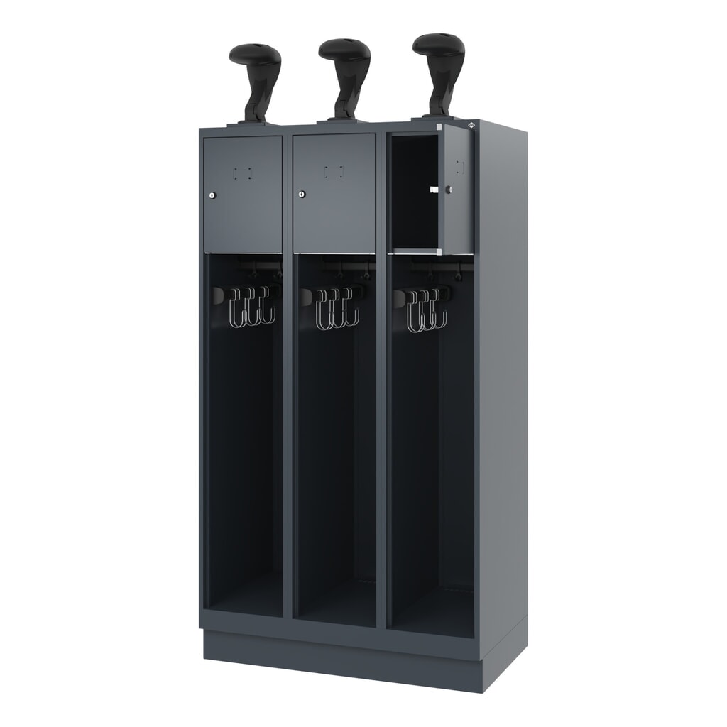 Product afbeelding: C+P brandweerkast YOUNGSTER, sokkel, 3 compartimenten, hxbxd 1.530 x 900 x 500 mm, antracietgrijs, met helmhouder