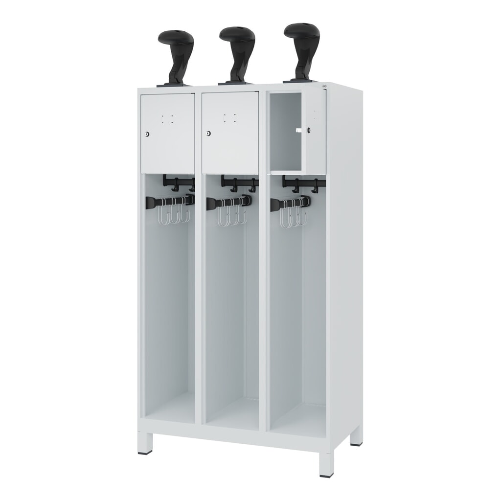 C+P brandweerkast YOUNGSTER, voeten, 3 compartimenten, hxbxd 1.530 x 900 x 500 mm, lichtgrijs, met helmhouder Product afbeelding: C+P brandweerkast YOUNGSTER, voeten, 3 compartimenten, hxbxd 1.530 x 900 x 500 mm, lichtgrijs, met helmhouder