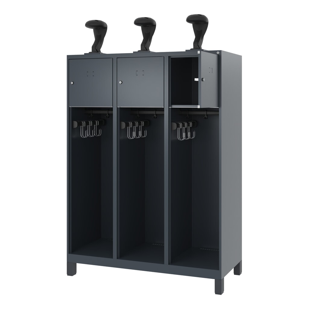 Product afbeelding: C+P brandweerkast YOUNGSTER, voeten, 3 compartimenten, hxbxd 1.530 x 1.200 x 500 mm, antracietgrijs, met helmhouder