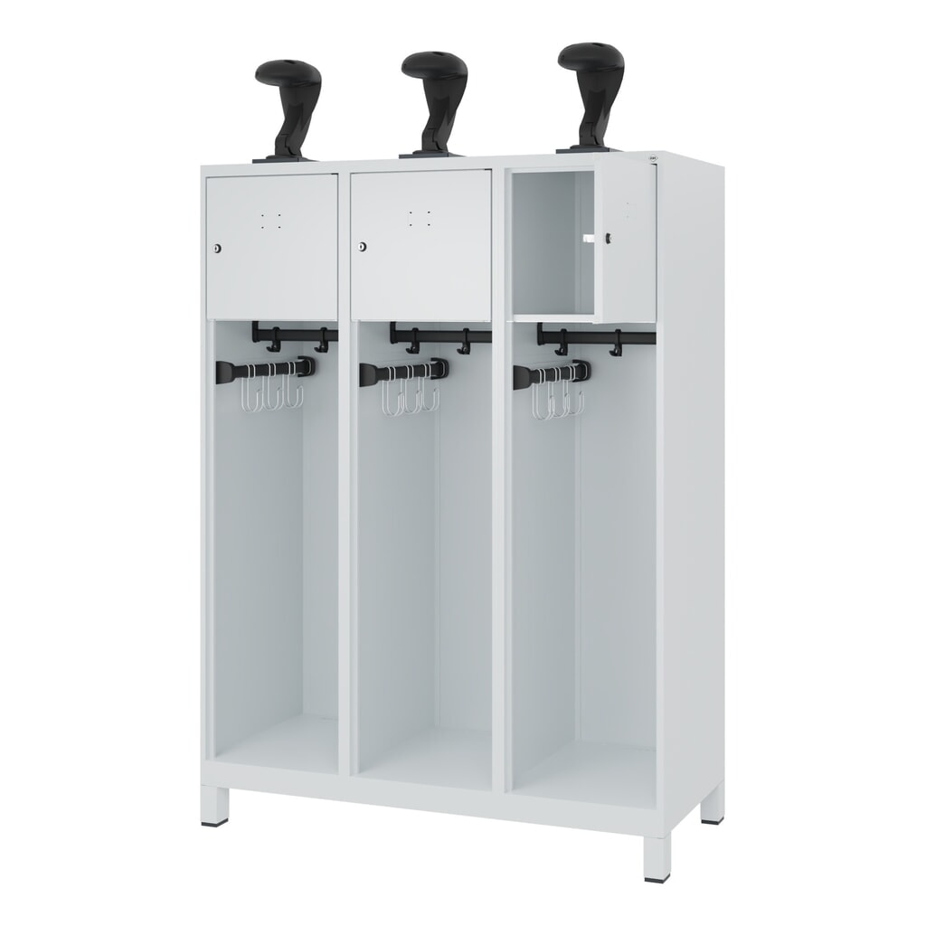 C+P brandweerkast YOUNGSTER, voeten, 3 compartimenten, hxbxd 1.530 x 1.200 x 500 mm, lichtgrijs, met helmhouder Product afbeelding: C+P brandweerkast YOUNGSTER, voeten, 3 compartimenten, hxbxd 1.530 x 1.200 x 500 mm, lichtgrijs, met helmhouder