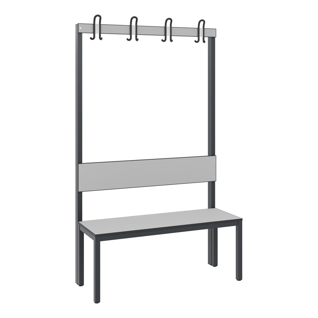 Product afbeelding: C+P kleedkamerbank Basic Plus, lengte 1.000 mm, eenzijdig, met rugleuning, 4 dubbele haken, zwartgrijs/zilvergrijs