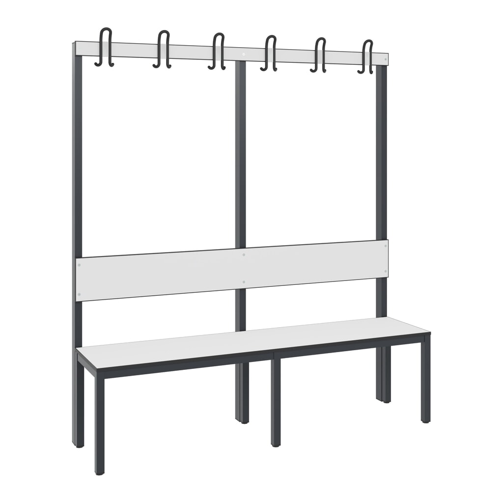 Product afbeelding: C+P kleedkamerbank Basic Plus, lengte 1.500 mm, eenzijdig, met rugleuning, 6 dubbele haken, zwartgrijs/wit