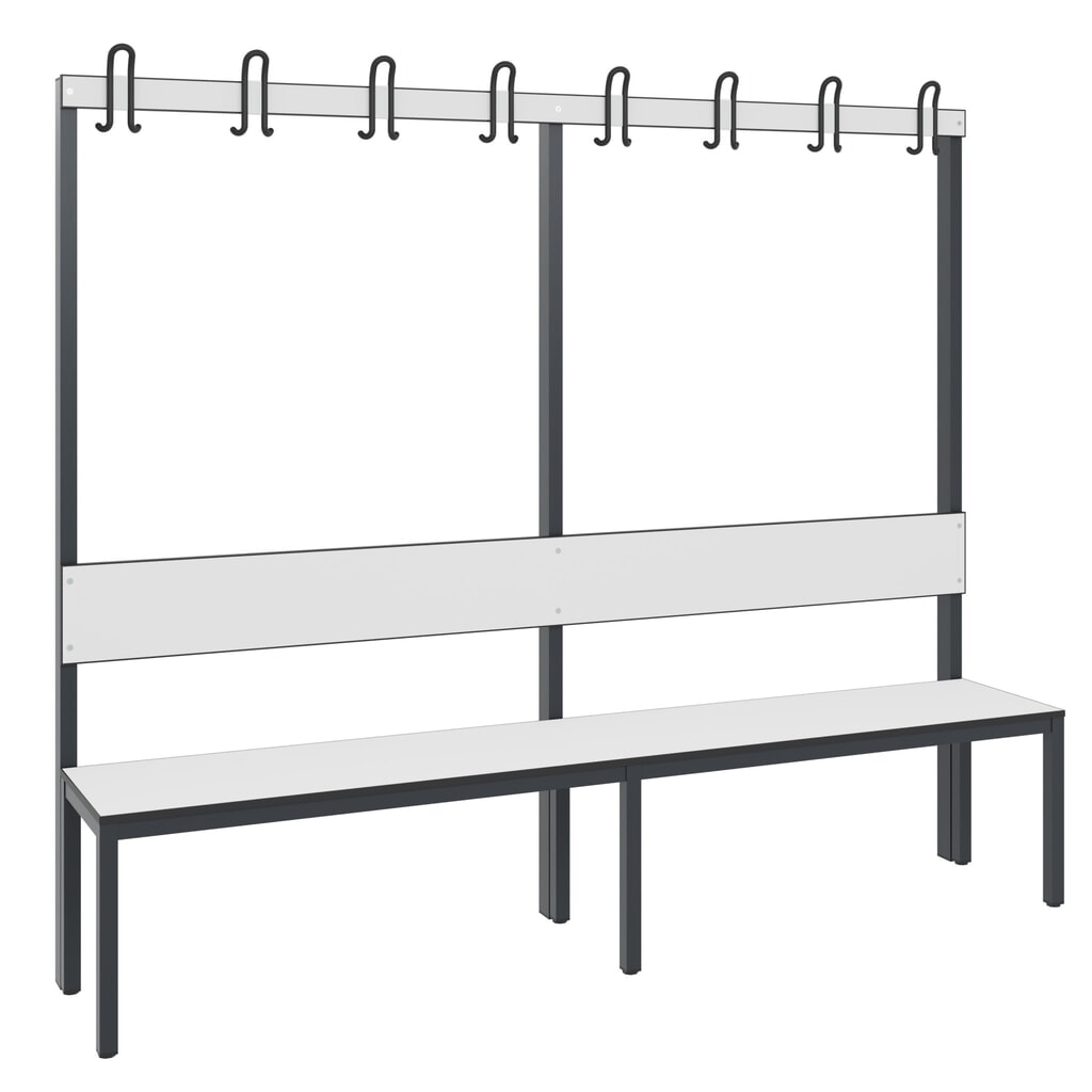 Product afbeelding: C+P kleedkamerbank Basic Plus, lengte 1.960 mm, eenzijdig, met rugleuning, 8 dubbele haken, zwartgrijs/wit