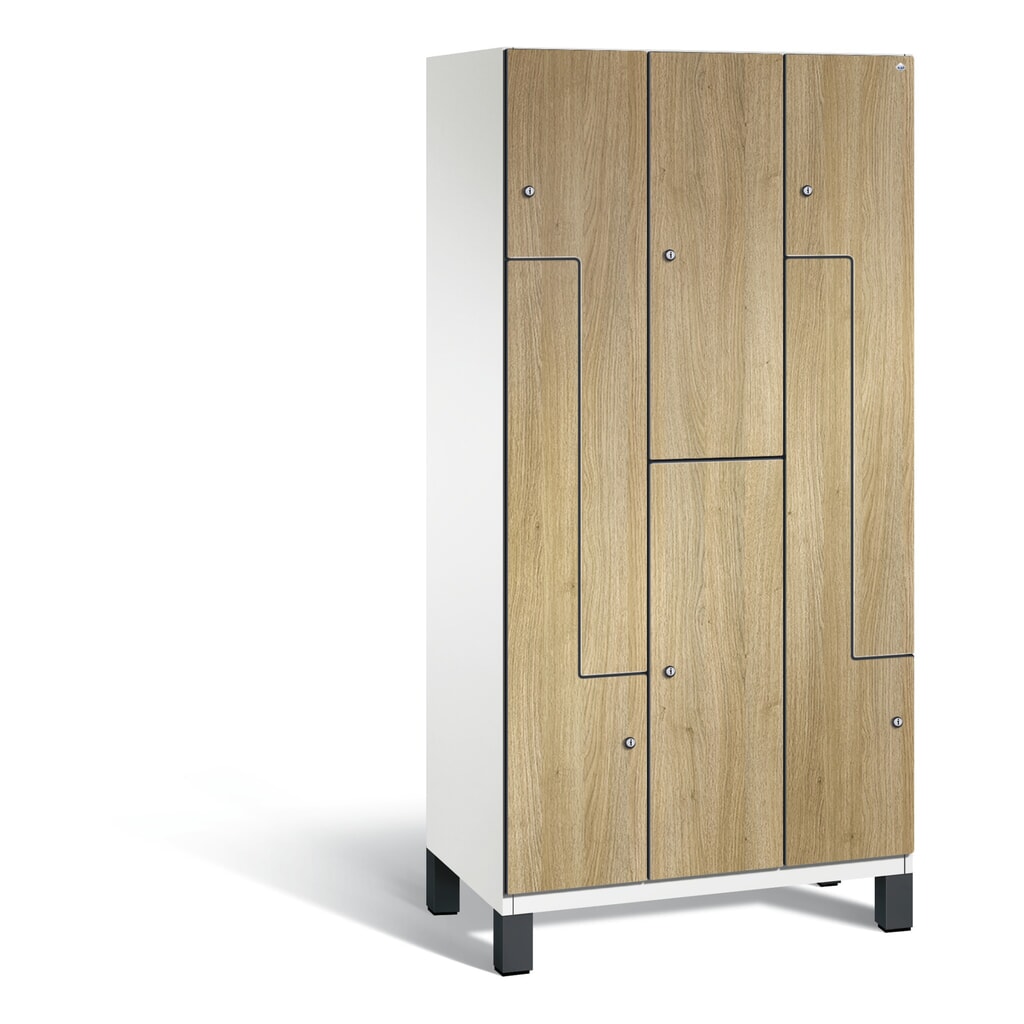 Product afbeelding: C+P Z-combinatiekast Cambio, 3 compartimenten, compartimentbreedte 300 mm, hxbxd 1.980x900x525 mm, RAL 9016 verkeerswit, decor eiken Sereno, poten