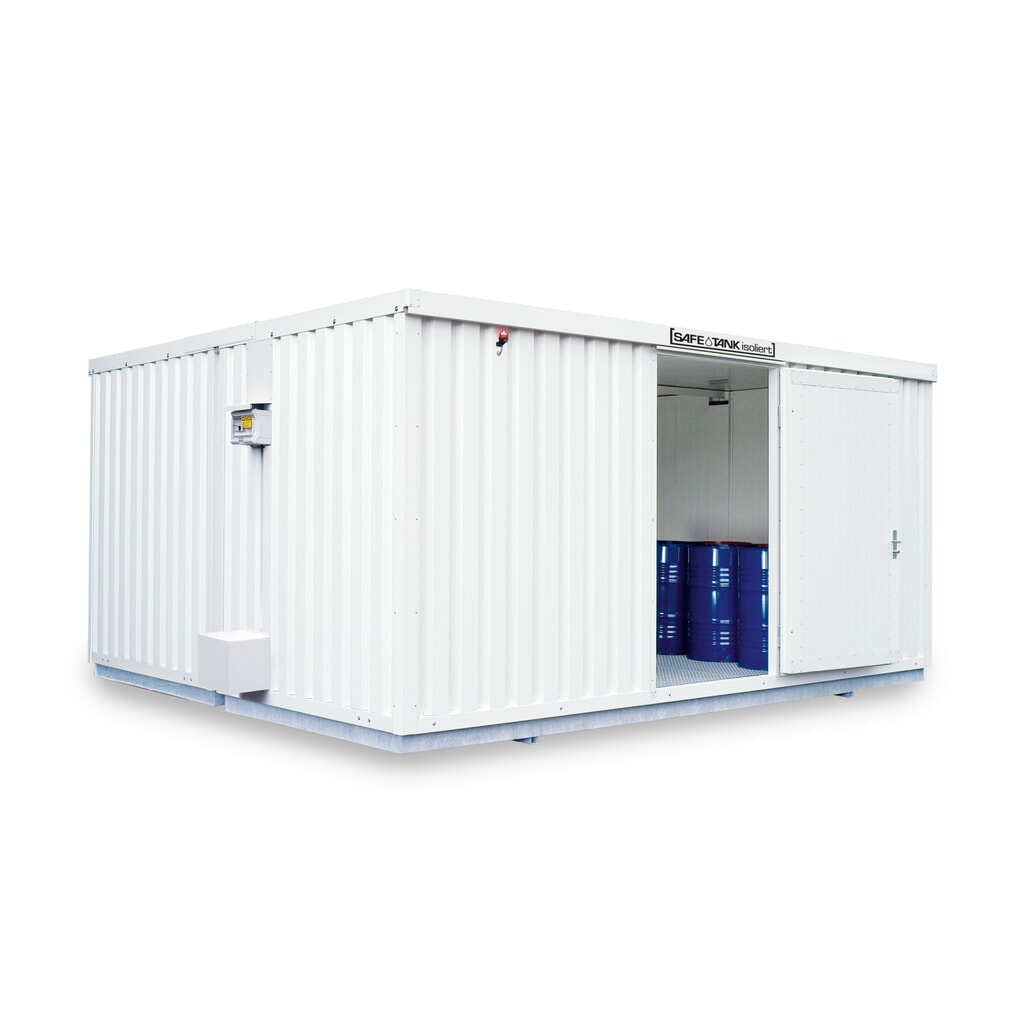 Product afbeelding: Combinatie van containers voor gevaarlijke stoffen SAFE Tank 4000 ALG, geïsoleerd, voorgemonteerd, met kunststof coating RAL 9002, buitenafmetingen 5.380x4.340x2.520 mm, enkele draaideur, centraal in de brede zijde, opslagruimte 20 m²