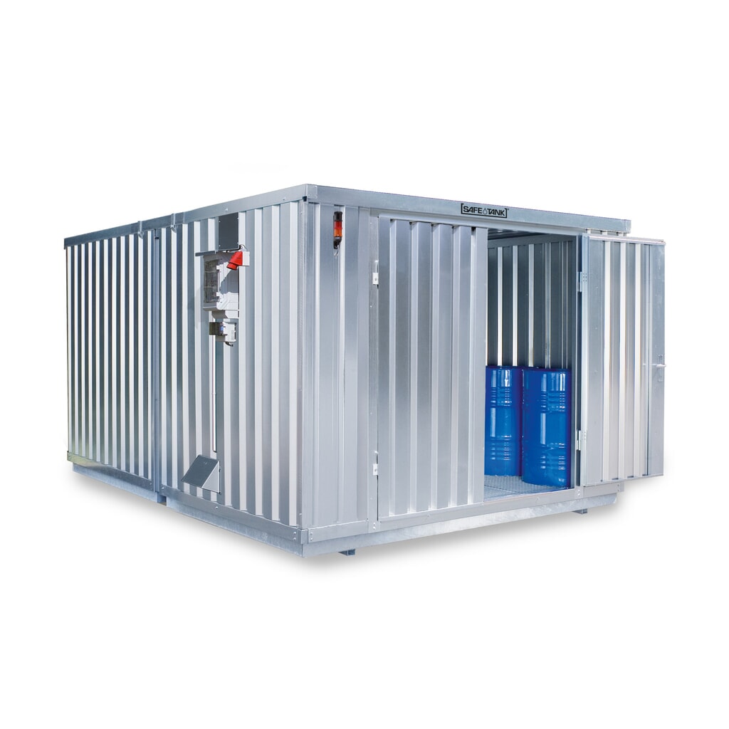 Product afbeelding: Container voor gevaarlijke stoffen SAFE Tank 2000 CONTROL, geautomatiseerde explosiebeveiliging voor maximale energie-efficiëntie en veiligheid, buitenafmetingen 3.350x4.340x2.310 mm, dubbele draaideur (asymmetrische verdeling), centraal in de korte