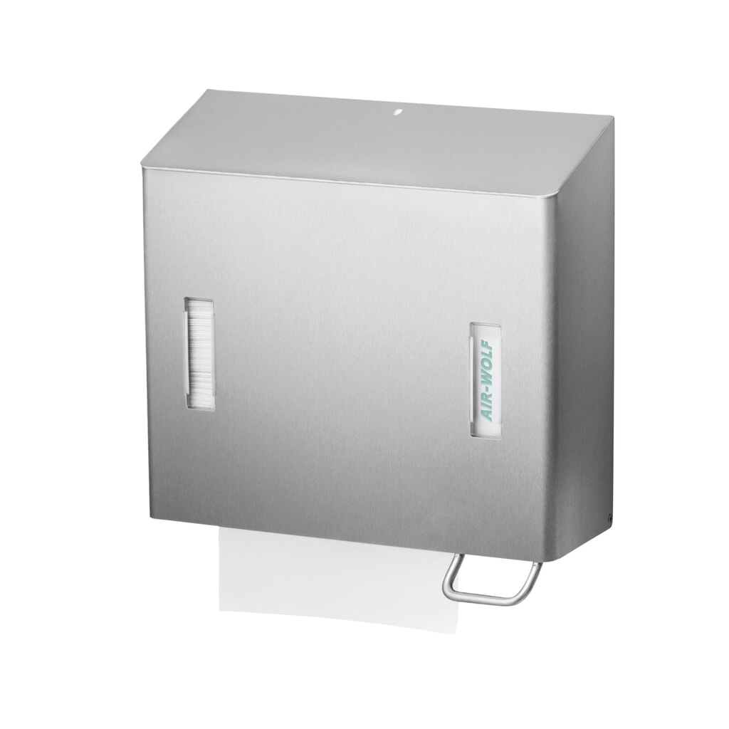 Combinatie van dispenser voor papieren handdoekjes en zeepdispenser rechts Air-Wolf geborsteld roestvrij staal Product afbeelding: Combinatie van dispenser voor papieren handdoekjes en zeepdispenser rechts Air-Wolf geborsteld roestvrij staal