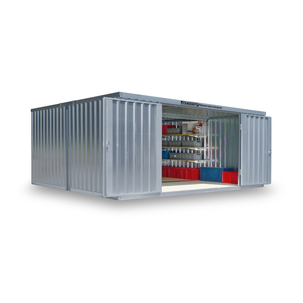 Product afbeelding: Combinatie van materiaalcontainers FLADAFI®, gedemonteerd, 21 m², met houten vloer, hxbxd 2.150 x 5.080 x 4.340 mm, dubbele draaideur (asymmetrische indeling), in het midden van de module