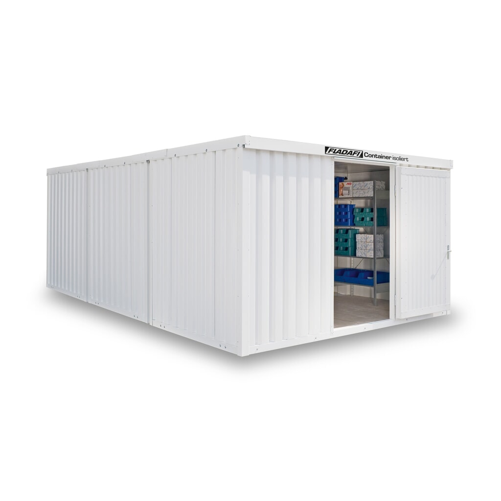 Product afbeelding: Combinatie van materiaalcontainers FLADAFI®, geïsoleerd, 25 m², met houten vloer, hxbxd 2.405 x 4.050 x 6.520 mm, enkele draaideur, gecentreerd in de module
