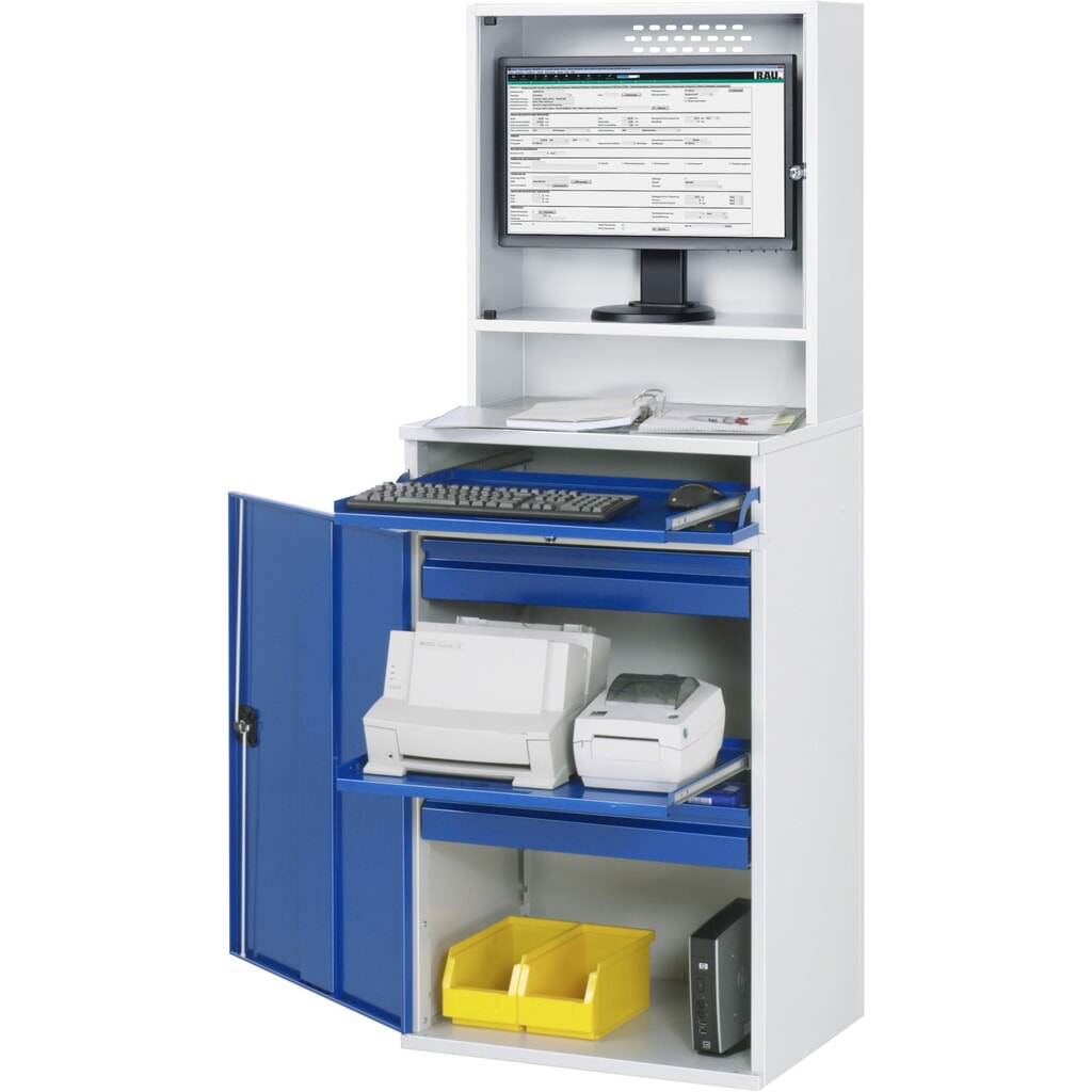 Computerkast RAU, monitorbehuizing, uitschuifblad voor het toetsenbord, draaideur, aantal lades x h x b: 2 x 80 x 570 mm Product afbeelding: Computerkast RAU, monitorbehuizing, uitschuifblad voor het toetsenbord, draaideur, aantal lades x h x b: 2 x 80 x 570 mm