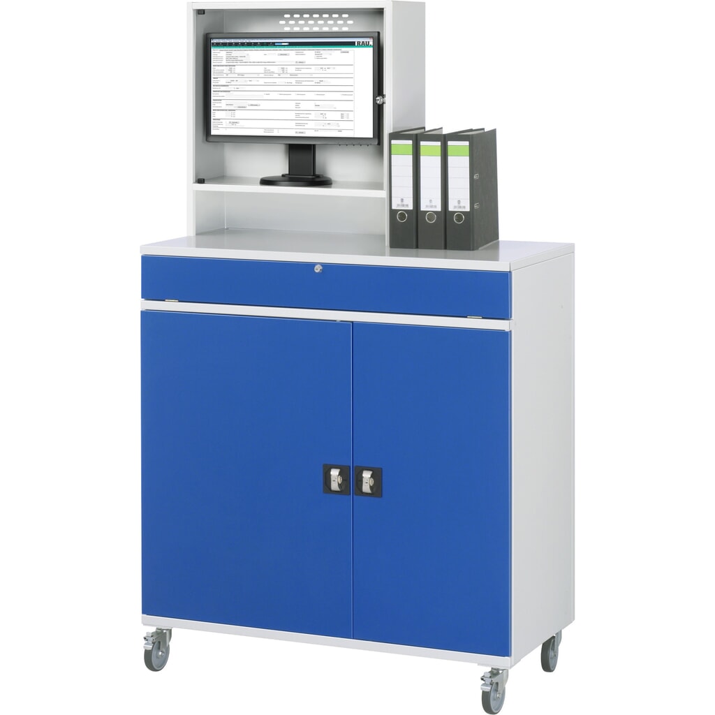 Productafbeelding nr. 2: Mobiele computerkast RAU, monitorbehuizing, uitschuifblad voor het toetsenbord, dubbele draaideur, aantal lades x h x b: 2 x 80 x 1.020 mm