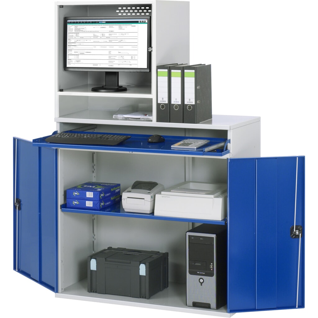 Product afbeelding: Computerkast RAU, monitorbehuizing, uitschuifblad voor het toetsenbord, dubbele draaideur, monitorvak diepte 500, 1 x uittrekbaar blad, stationair
