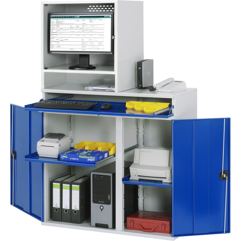 Computerkast RAU, monitorbehuizing, uitschuifblad voor het toetsenbord, dubbele draaideur, monitorvak diepte 500, 2 x uittrekbaar blad, stationair Product afbeelding: Computerkast RAU, monitorbehuizing, uitschuifblad voor het toetsenbord, dubbele draaideur, monitorvak diepte 500, 2 x uittrekbaar blad, stationair