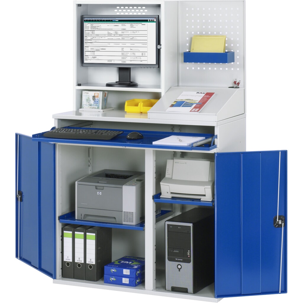Computerkast RAU, monitorbehuizing, uitschuifblad voor het toetsenbord, dubbele draaideur, geperforeerde achterwand, aantal lades x h x b: 1 x 80 x 1.020 mm Productafbeelding nr. 2: Computerkast RAU, monitorbehuizing, uitschuifblad voor het toetsenbord, dubbele draaideur, geperforeerde achterwand, aantal lades x h x b: 1 x 80 x 1.020 mm