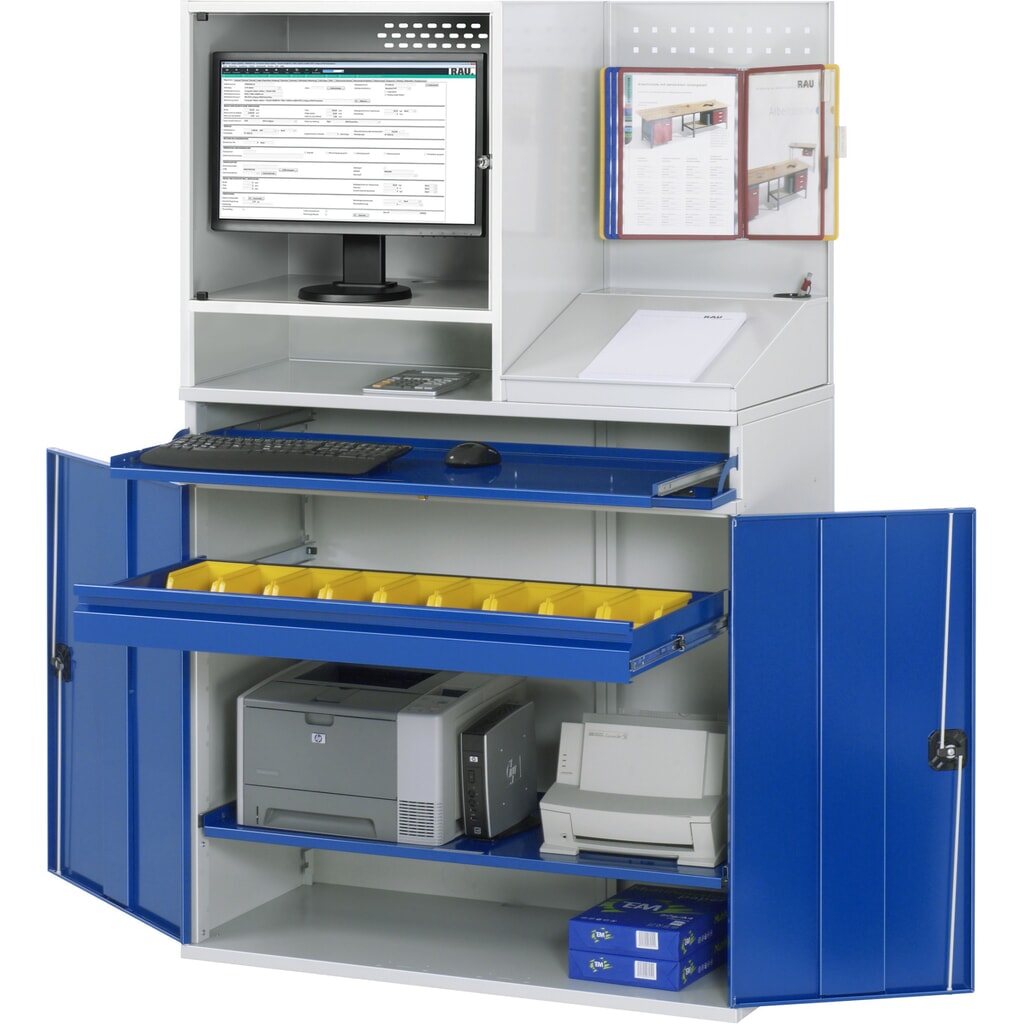 Computerkast RAU, monitorbehuizing, uitschuifblad voor het toetsenbord, dubbele draaideur, geperforeerde achterwand, aantal lades x h x b: 1 x 80 x 1.020 mm Product afbeelding: Computerkast RAU, monitorbehuizing, uitschuifblad voor het toetsenbord, dubbele draaideur, geperforeerde achterwand, aantal lades x h x b: 1 x 80 x 1.020 mm