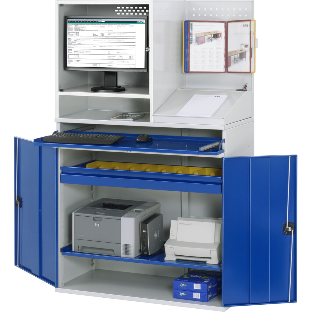 Computerkast RAU, monitorbehuizing, uitschuifblad voor het toetsenbord, dubbele draaideur, geperforeerde achterwand, aantal lades x h x b: 1 x 80 x 1.020 mm Productafbeelding nr. 3: Computerkast RAU, monitorbehuizing, uitschuifblad voor het toetsenbord, dubbele draaideur, geperforeerde achterwand, aantal lades x h x b: 1 x 80 x 1.020 mm