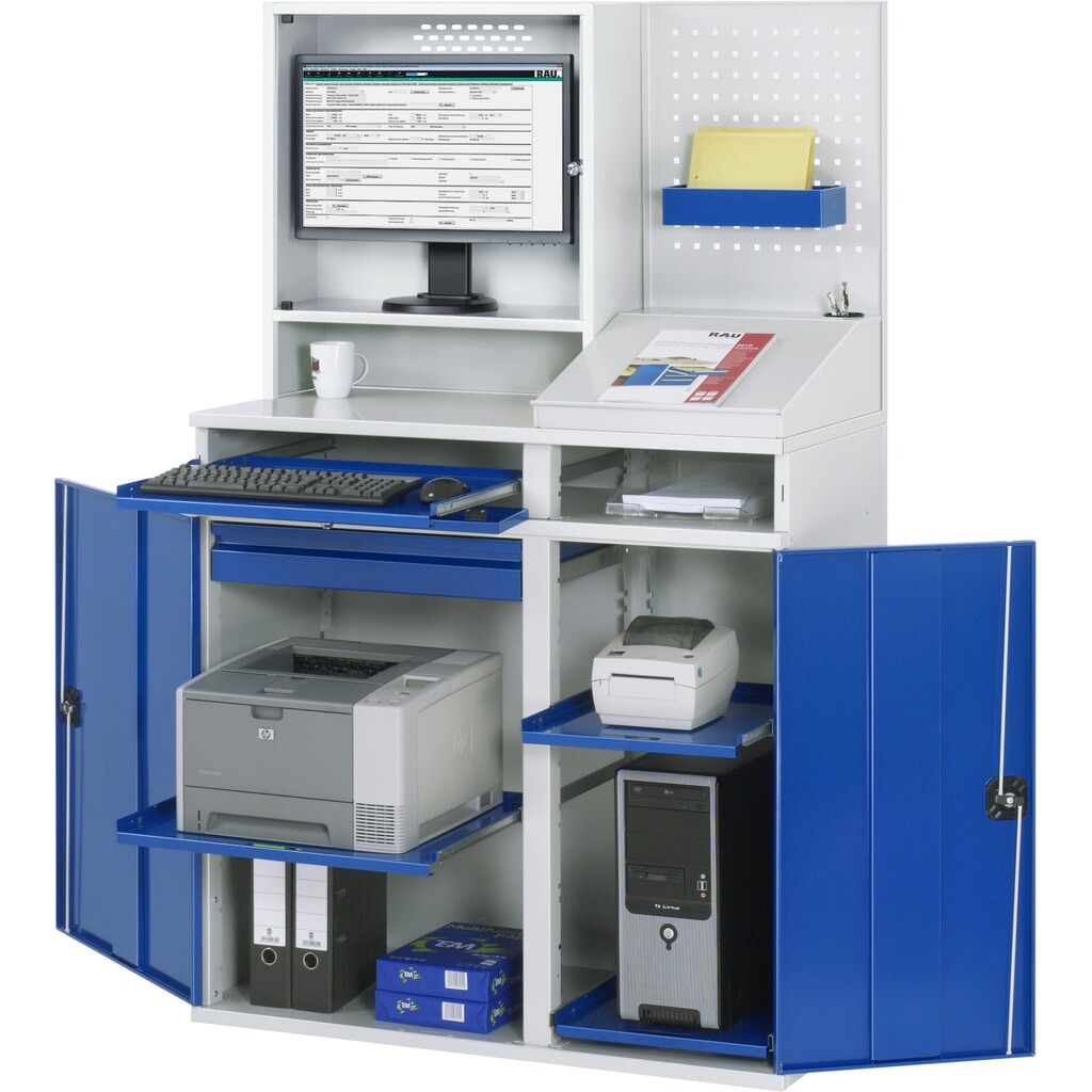 Product afbeelding: Computerkast RAU, monitorbehuizing, uitschuifblad voor het toetsenbord, dubbele draaideur, geperforeerde achterwand, aantal lades x h x b: 1 x 80 x 650 mm